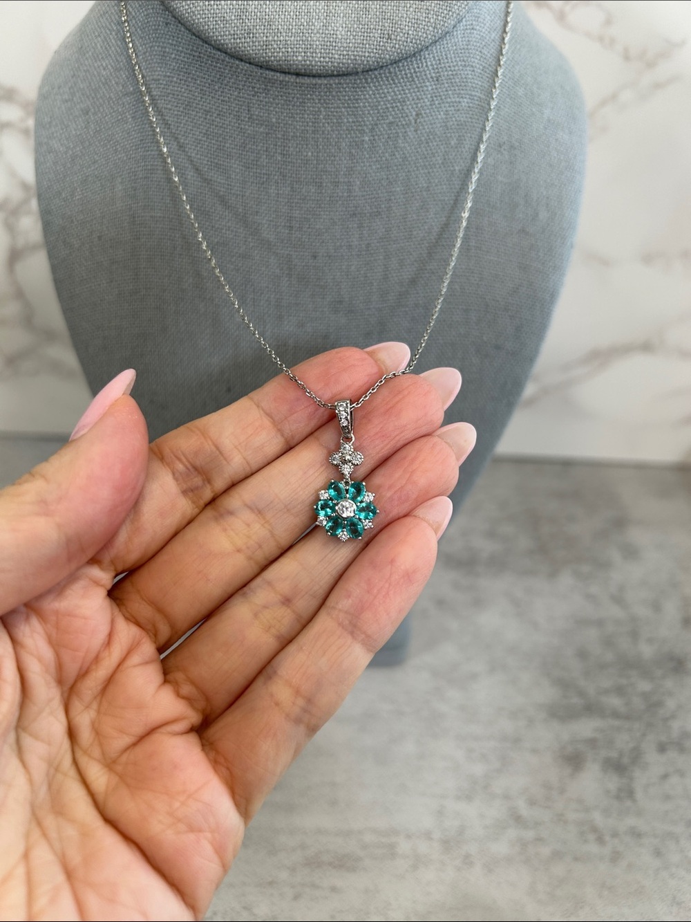 Silver Necklace with Teal Flower Crystal Pendant - Women Jewelry